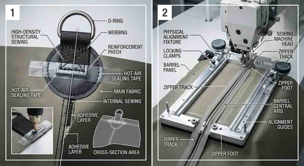 Hybrid joining of structural stitching with sealing tape, and physical tracking jigs aligning a straight zipper track parallel to the duffel's central axis