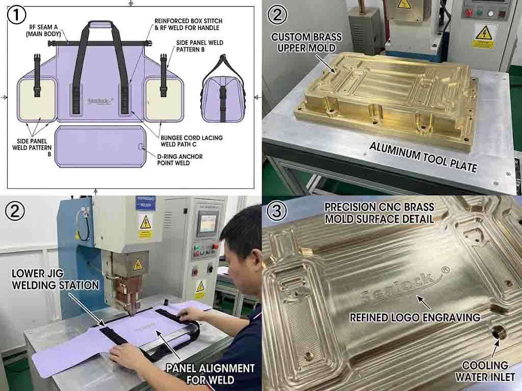 Duffel geometry translated into a 2D weld pattern, and the custom-machined copper die and aluminium jig plate built from it