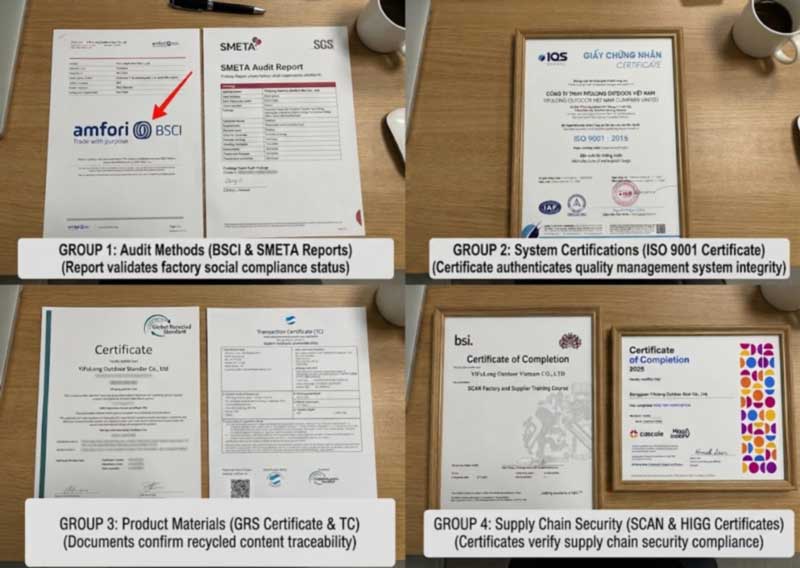 Certification documents grouped by type — audit findings reports, management system certificate, material certification with transaction certificates, and supply chain security programme
