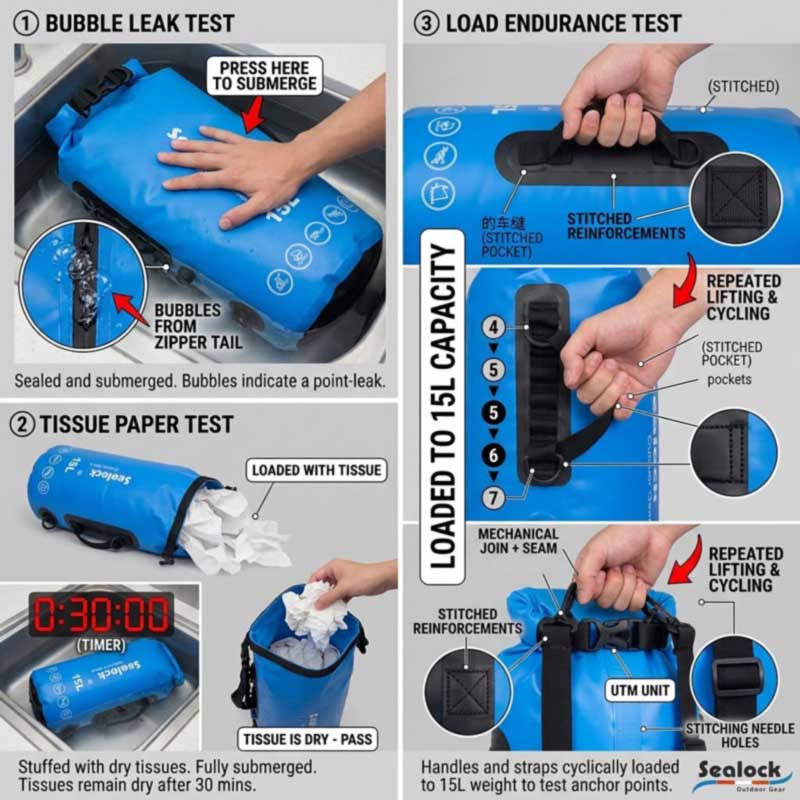 Air bubble test locating a leak at the zipper end, tissue-filled submersion test with timer, and load testing each handle in turn