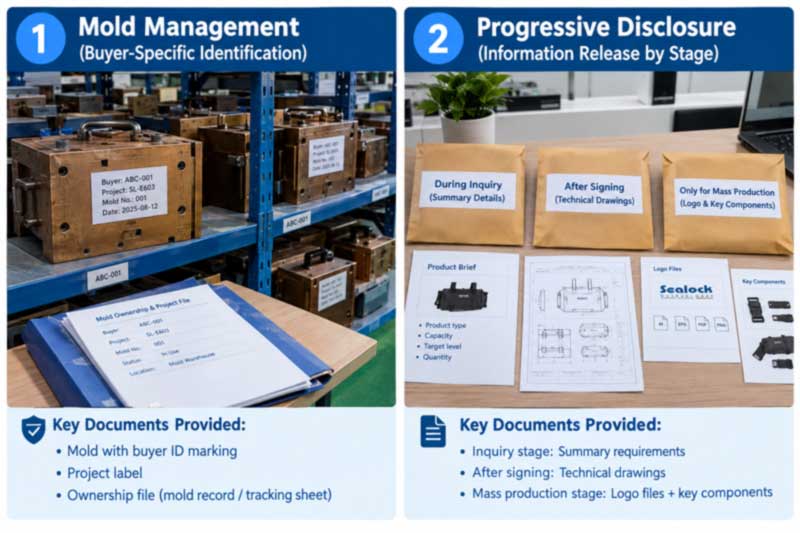 Buyer-marked tooling archived with ownership documentation, and design information separated into disclosure stages